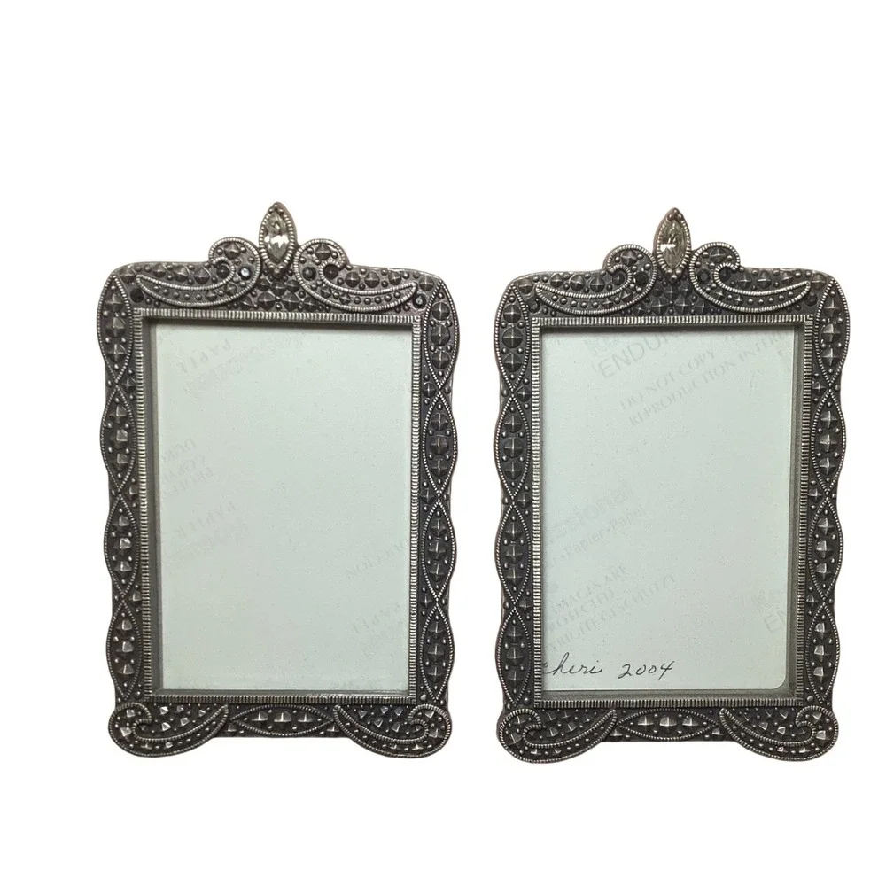 Vintage Style Marcasite Silver Tone Ornate Picture Frames Set 2 Rhinestone 2x3